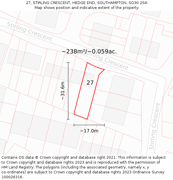 27, STIRLING CRESCENT, HEDGE END, SOUTHAMPTON, SO30 2SA: Plot and title map