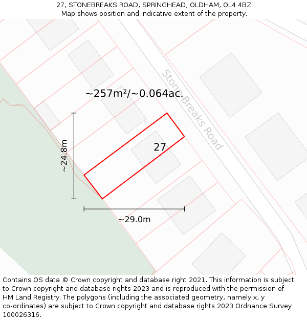 27, STONEBREAKS ROAD, SPRINGHEAD, OLDHAM, OL4 4BZ: Plot and title map