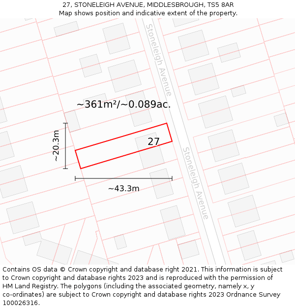 27, STONELEIGH AVENUE, MIDDLESBROUGH, TS5 8AR: Plot and title map