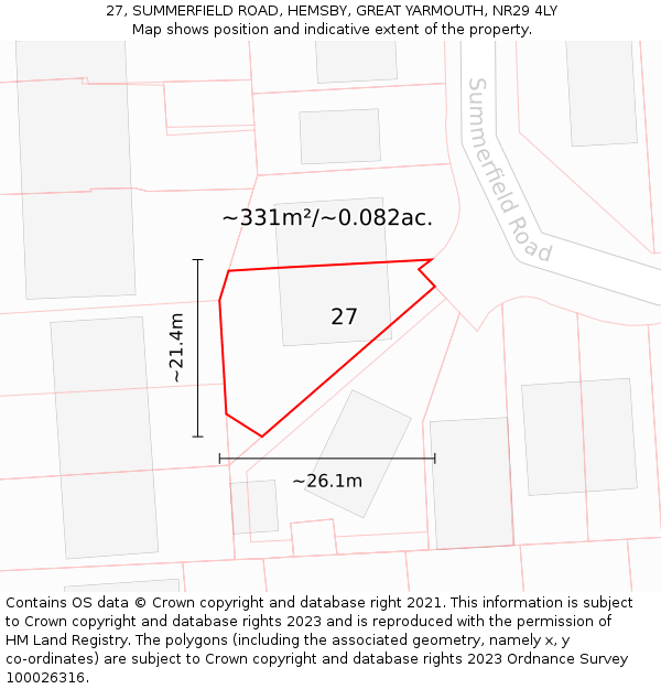 27, SUMMERFIELD ROAD, HEMSBY, GREAT YARMOUTH, NR29 4LY: Plot and title map