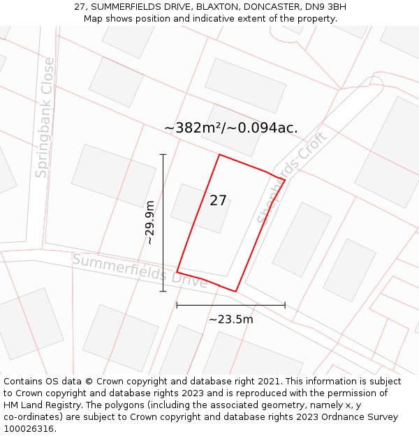 27, SUMMERFIELDS DRIVE, BLAXTON, DONCASTER, DN9 3BH: Plot and title map