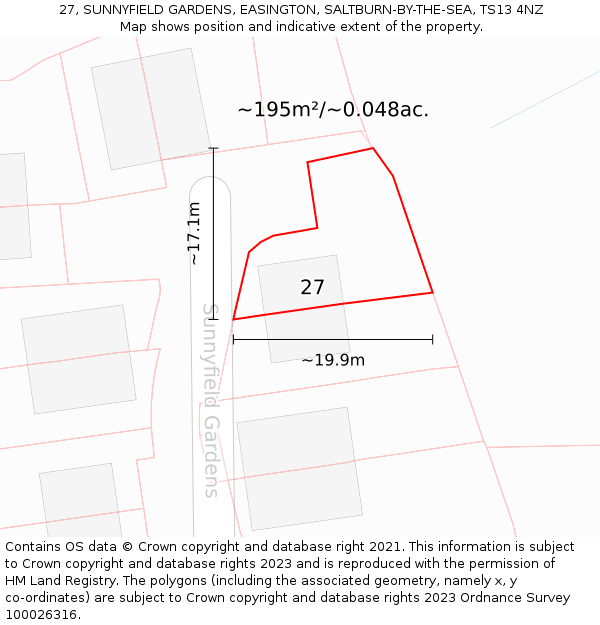27, SUNNYFIELD GARDENS, EASINGTON, SALTBURN-BY-THE-SEA, TS13 4NZ: Plot and title map