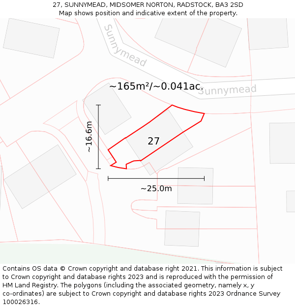 27, SUNNYMEAD, MIDSOMER NORTON, RADSTOCK, BA3 2SD: Plot and title map