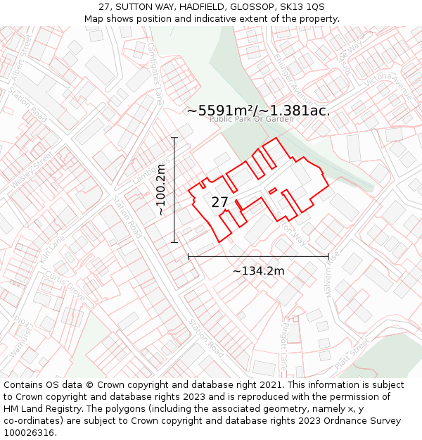 27, SUTTON WAY, HADFIELD, GLOSSOP, SK13 1QS: Plot and title map