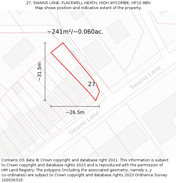 27, SWAINS LANE, FLACKWELL HEATH, HIGH WYCOMBE, HP10 9BN: Plot and title map