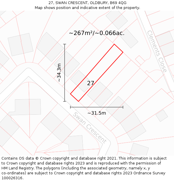 27, SWAN CRESCENT, OLDBURY, B69 4QG: Plot and title map