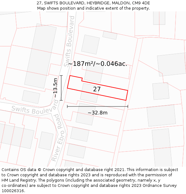 27, SWIFTS BOULEVARD, HEYBRIDGE, MALDON, CM9 4DE: Plot and title map