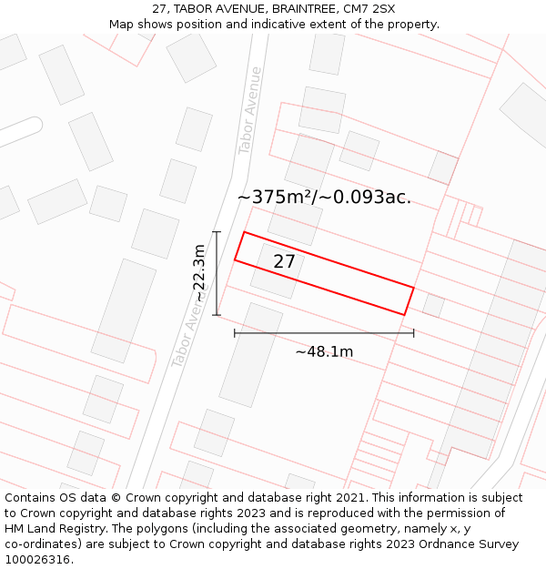 27, TABOR AVENUE, BRAINTREE, CM7 2SX: Plot and title map