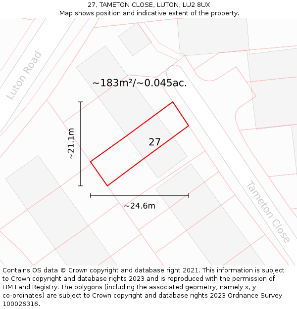 27, TAMETON CLOSE, LUTON, LU2 8UX: Plot and title map