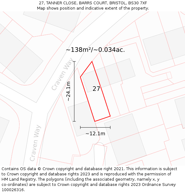 27, TANNER CLOSE, BARRS COURT, BRISTOL, BS30 7XF: Plot and title map