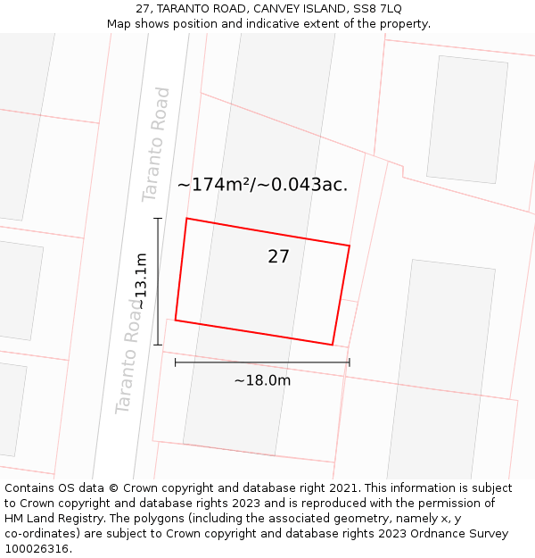 27, TARANTO ROAD, CANVEY ISLAND, SS8 7LQ: Plot and title map