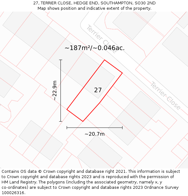 27, TERRIER CLOSE, HEDGE END, SOUTHAMPTON, SO30 2ND: Plot and title map