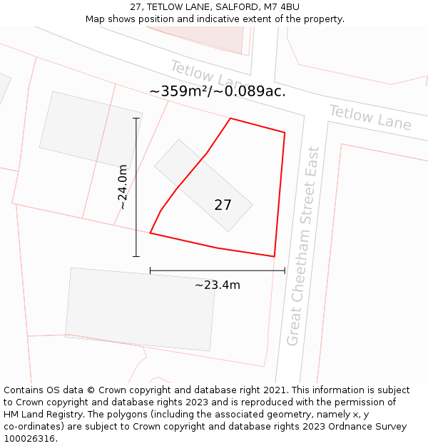 27, TETLOW LANE, SALFORD, M7 4BU: Plot and title map