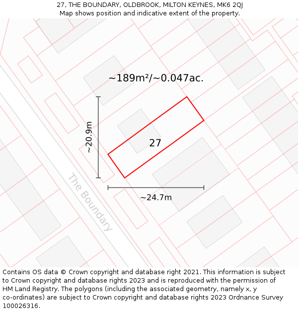 27, THE BOUNDARY, OLDBROOK, MILTON KEYNES, MK6 2QJ: Plot and title map