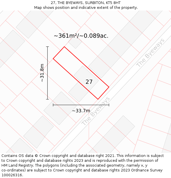 27, THE BYEWAYS, SURBITON, KT5 8HT: Plot and title map