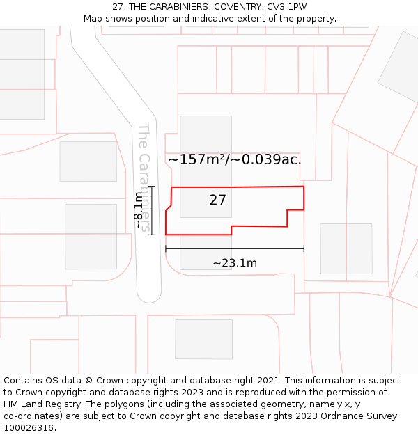 27, THE CARABINIERS, COVENTRY, CV3 1PW: Plot and title map