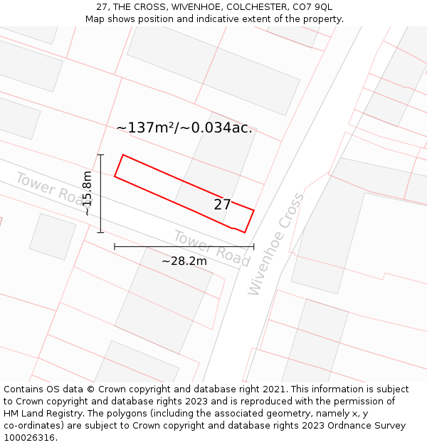 27, THE CROSS, WIVENHOE, COLCHESTER, CO7 9QL: Plot and title map