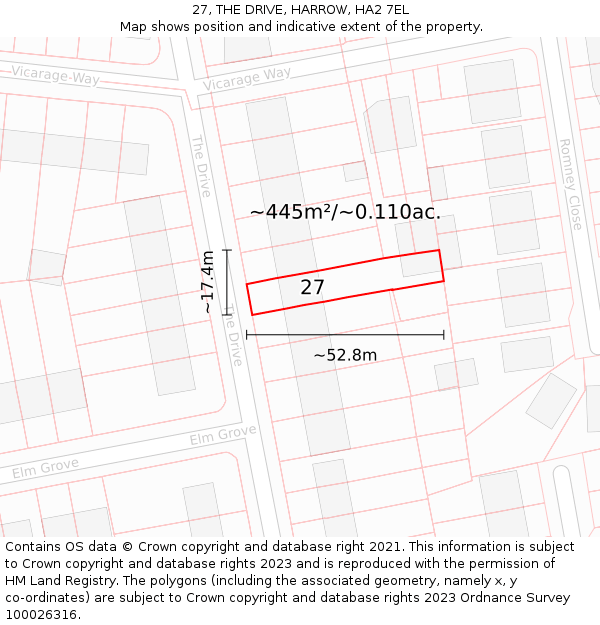 27, THE DRIVE, HARROW, HA2 7EL: Plot and title map