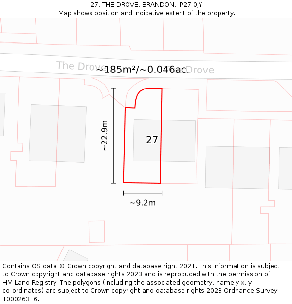 27, THE DROVE, BRANDON, IP27 0JY: Plot and title map