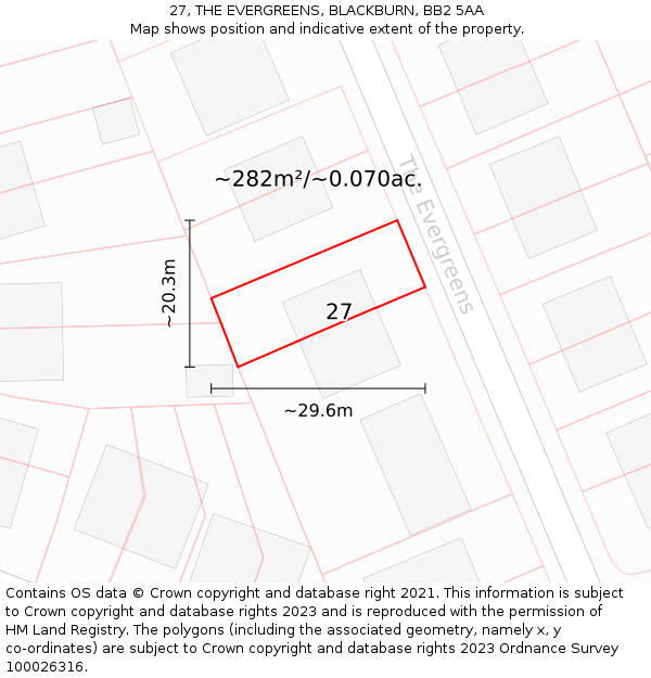 27, THE EVERGREENS, BLACKBURN, BB2 5AA: Plot and title map