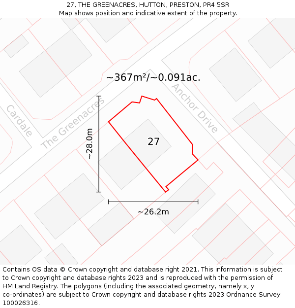 27, THE GREENACRES, HUTTON, PRESTON, PR4 5SR: Plot and title map