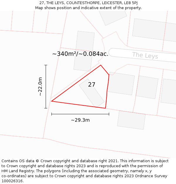 27, THE LEYS, COUNTESTHORPE, LEICESTER, LE8 5PJ: Plot and title map