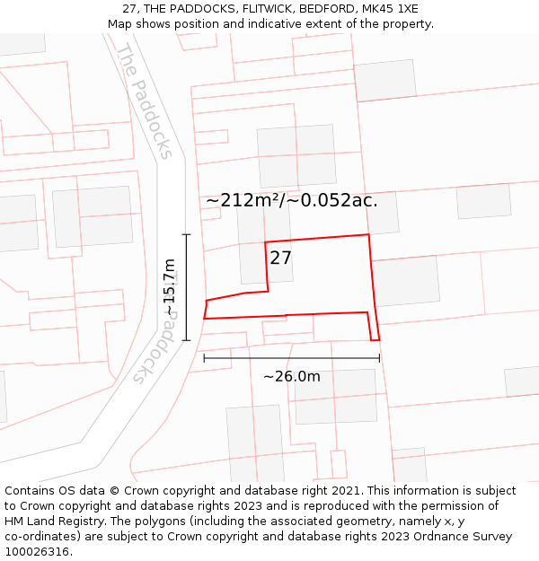 27, THE PADDOCKS, FLITWICK, BEDFORD, MK45 1XE: Plot and title map