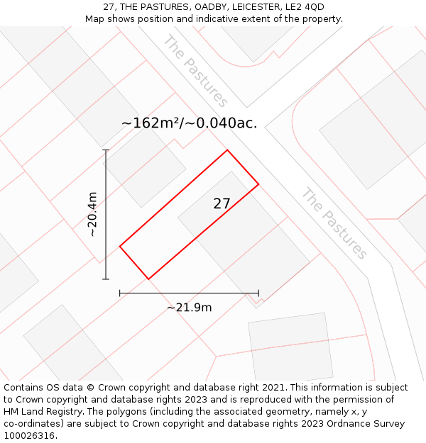 27, THE PASTURES, OADBY, LEICESTER, LE2 4QD: Plot and title map