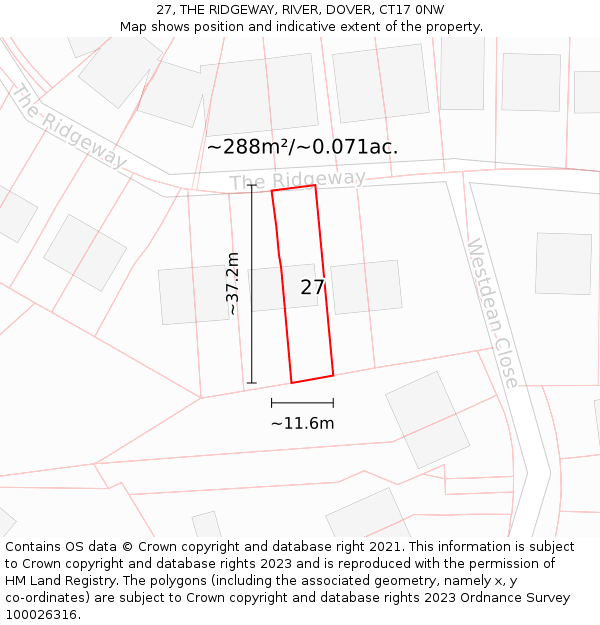27, THE RIDGEWAY, RIVER, DOVER, CT17 0NW: Plot and title map