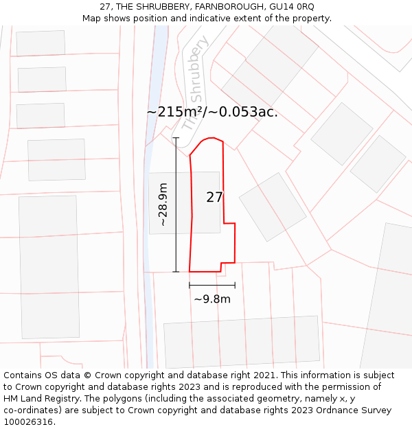 27, THE SHRUBBERY, FARNBOROUGH, GU14 0RQ: Plot and title map