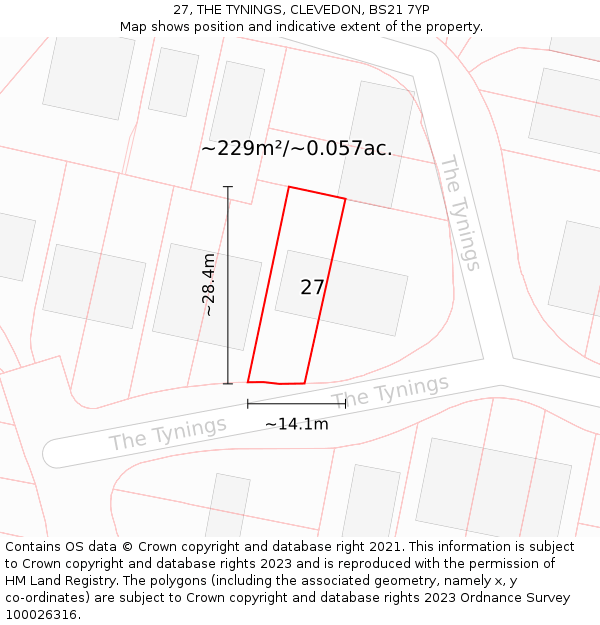 27, THE TYNINGS, CLEVEDON, BS21 7YP: Plot and title map