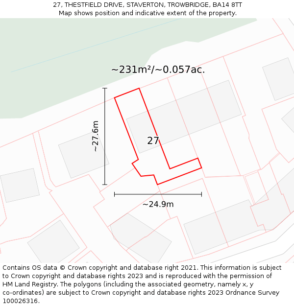 27, THESTFIELD DRIVE, STAVERTON, TROWBRIDGE, BA14 8TT: Plot and title map
