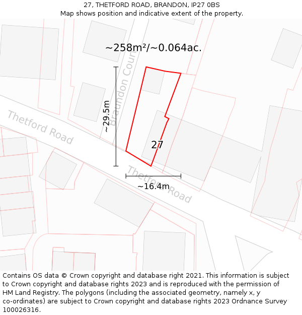 27, THETFORD ROAD, BRANDON, IP27 0BS: Plot and title map