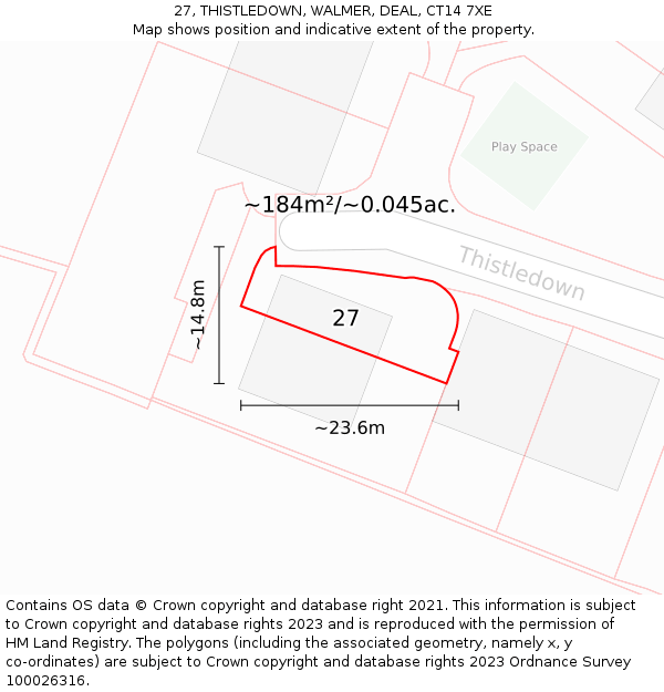 27, THISTLEDOWN, WALMER, DEAL, CT14 7XE: Plot and title map