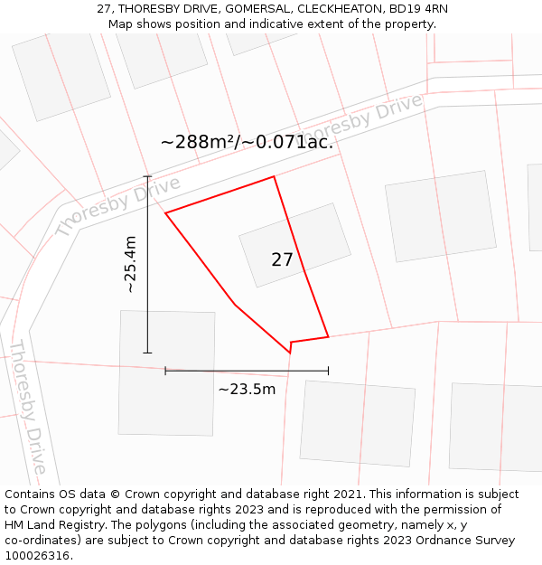 27, THORESBY DRIVE, GOMERSAL, CLECKHEATON, BD19 4RN: Plot and title map