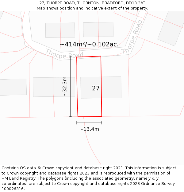 27, THORPE ROAD, THORNTON, BRADFORD, BD13 3AT: Plot and title map