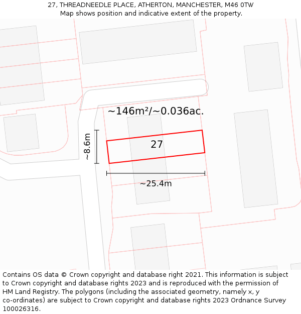 27, THREADNEEDLE PLACE, ATHERTON, MANCHESTER, M46 0TW: Plot and title map