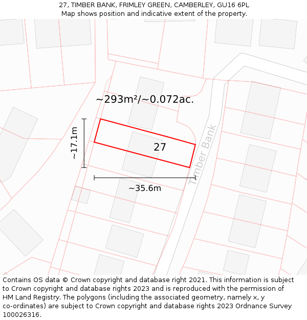 27, TIMBER BANK, FRIMLEY GREEN, CAMBERLEY, GU16 6PL: Plot and title map