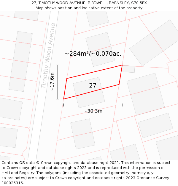 27, TIMOTHY WOOD AVENUE, BIRDWELL, BARNSLEY, S70 5RX: Plot and title map