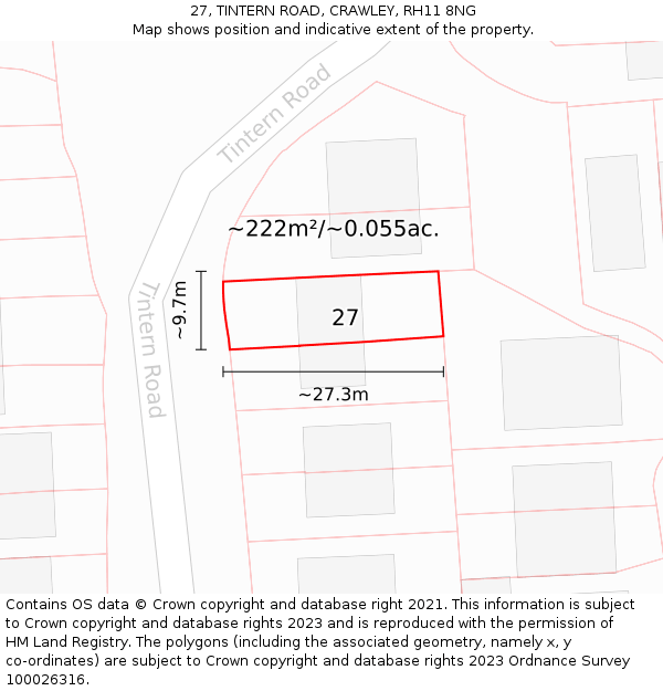 27, TINTERN ROAD, CRAWLEY, RH11 8NG: Plot and title map