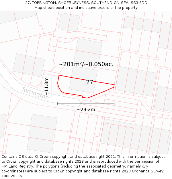 27, TORRINGTON, SHOEBURYNESS, SOUTHEND-ON-SEA, SS3 8DD: Plot and title map