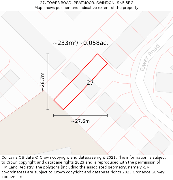 27, TOWER ROAD, PEATMOOR, SWINDON, SN5 5BG: Plot and title map