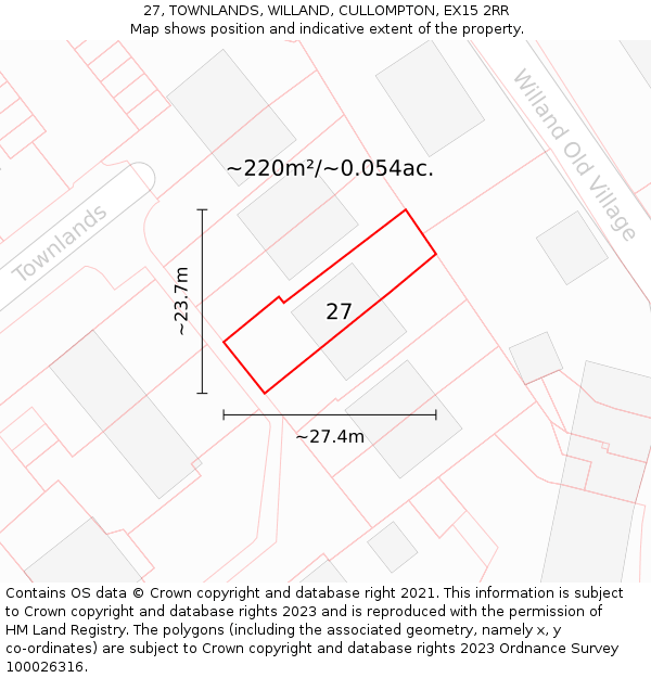 27, TOWNLANDS, WILLAND, CULLOMPTON, EX15 2RR: Plot and title map