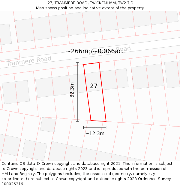 27, TRANMERE ROAD, TWICKENHAM, TW2 7JD: Plot and title map