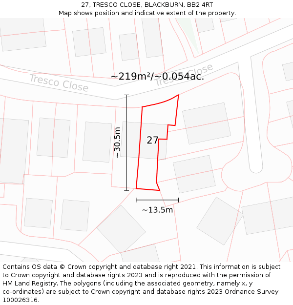 27, TRESCO CLOSE, BLACKBURN, BB2 4RT: Plot and title map