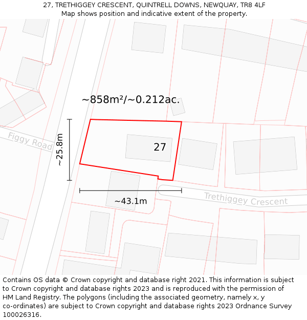 27, TRETHIGGEY CRESCENT, QUINTRELL DOWNS, NEWQUAY, TR8 4LF: Plot and title map
