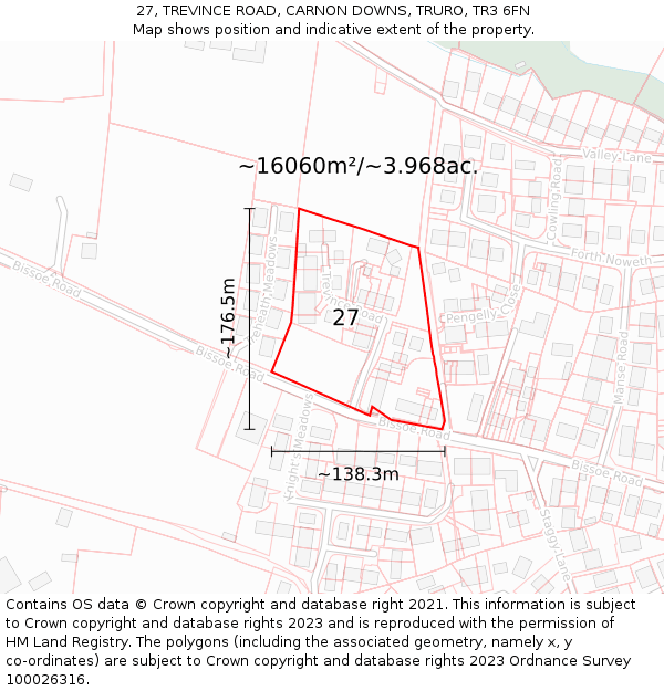 27, TREVINCE ROAD, CARNON DOWNS, TRURO, TR3 6FN: Plot and title map