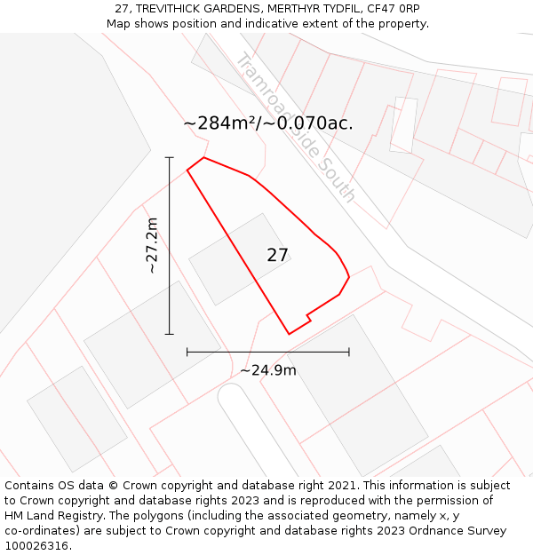 27, TREVITHICK GARDENS, MERTHYR TYDFIL, CF47 0RP: Plot and title map