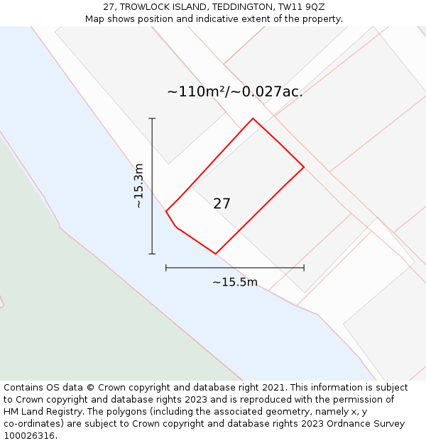 27, TROWLOCK ISLAND, TEDDINGTON, TW11 9QZ: Plot and title map