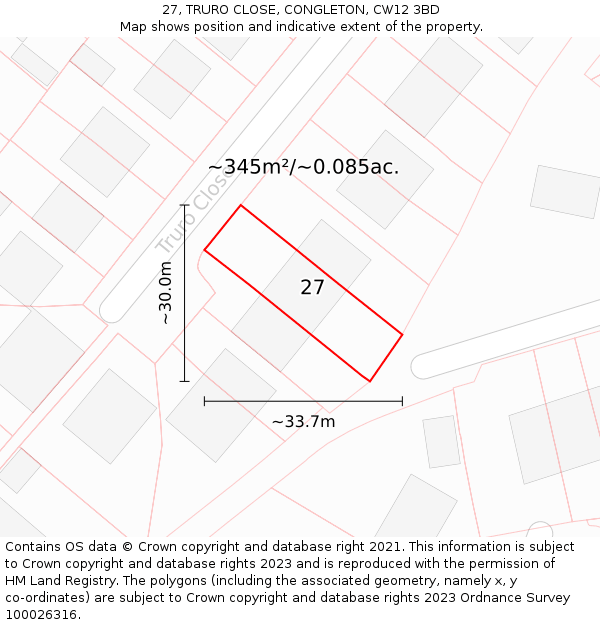 27, TRURO CLOSE, CONGLETON, CW12 3BD: Plot and title map